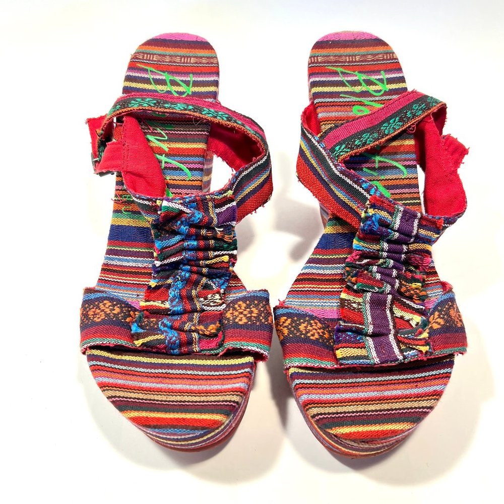 EUC Blowfish Multi Color Canvas Bohemian Wedge Sandals  - Size 8